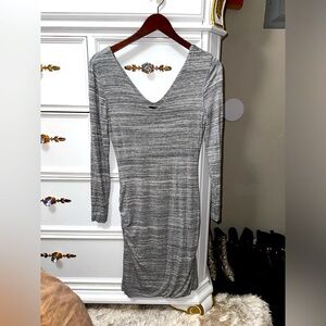Banana Republic Grey and White, Ruched, V-Neck, Body Con Dress, Size Medium